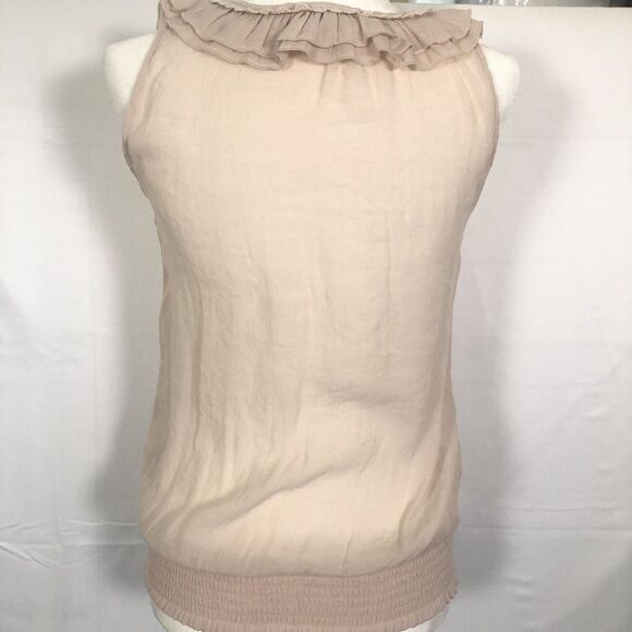Mine Sheer Pullover Blouse Top Size S Scoop Neck Pearl Rosettes Beige - Picture 9 of 16